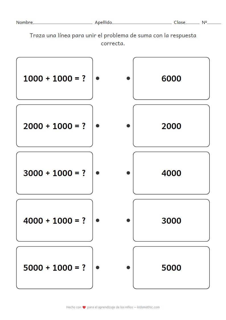 Hoja de trabajo de emparejamiento de sumas de miles para jardín de infancia