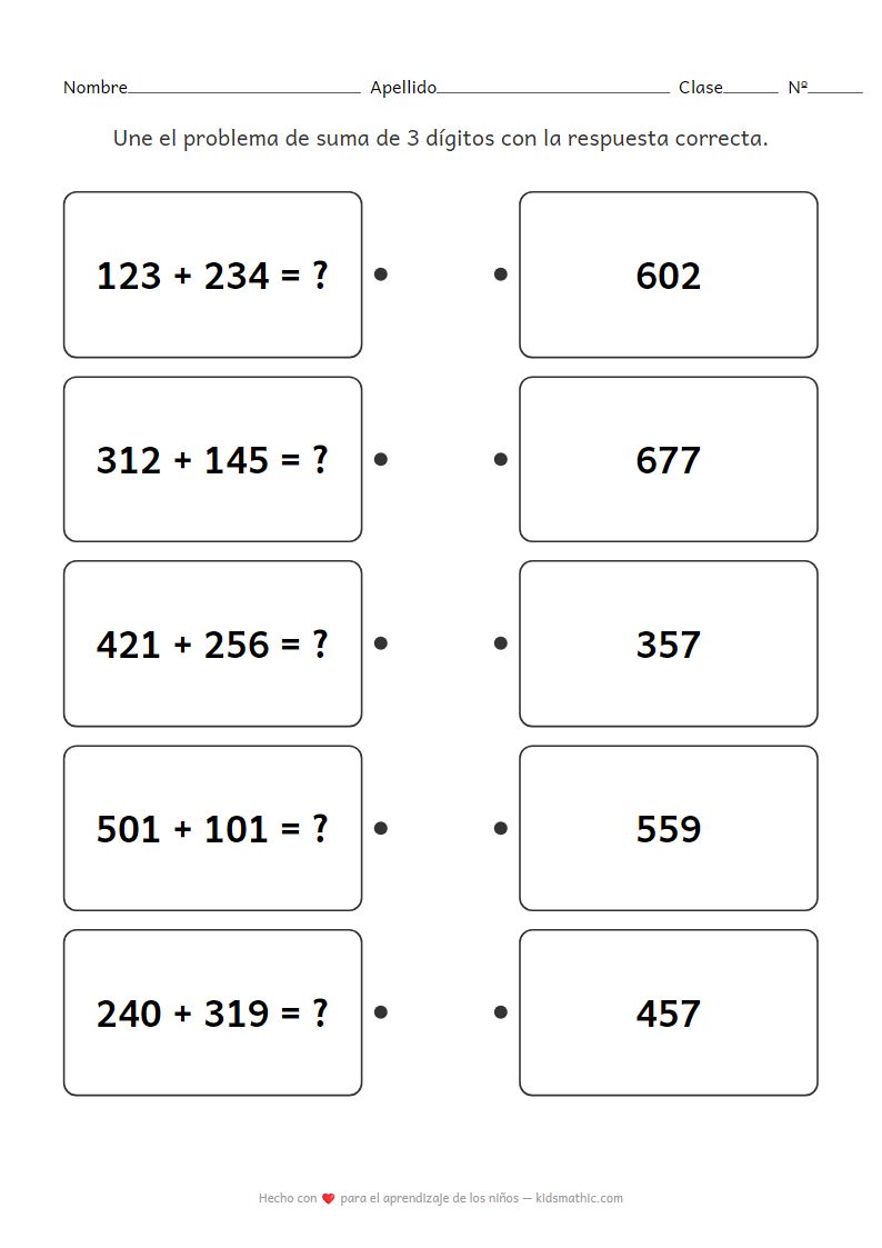 Hoja de Trabajo de Sumas de 3 Dígitos | Actividad de Matemáticas para Niños
