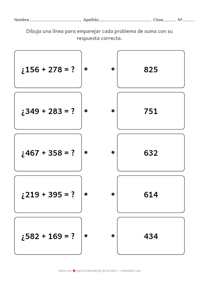 Hoja de Trabajo de Emparejamiento de Sumas de 3 Dígitos para Preescolar