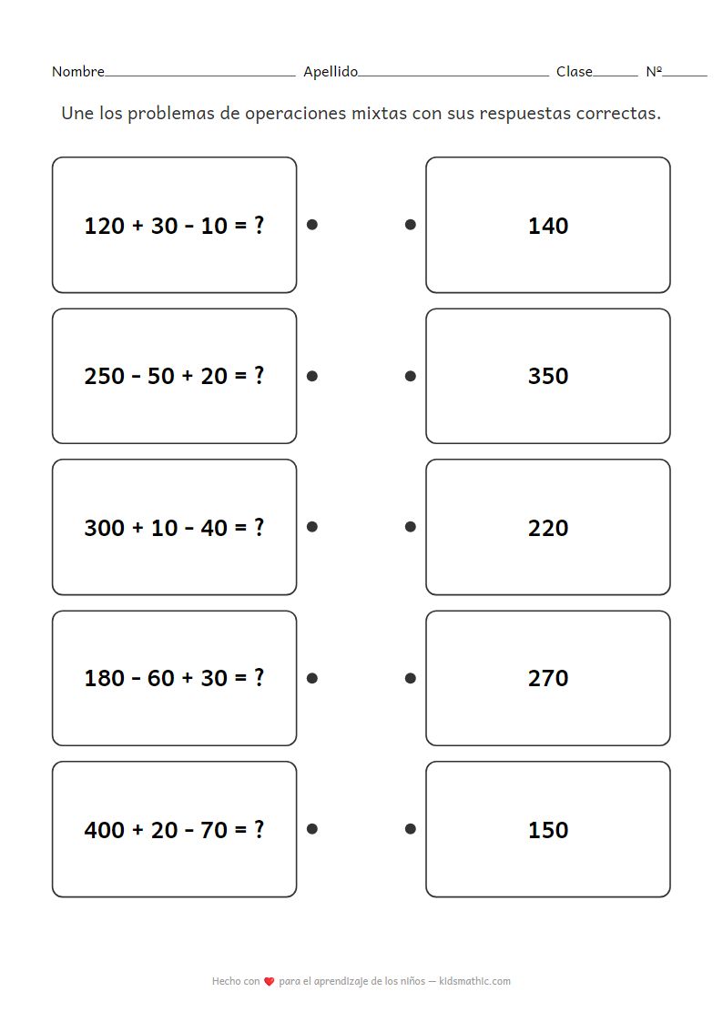 Hoja de Trabajo de Matemáticas: Emparejamiento de Operaciones Mixtas de Tres Dígitos para Preescolar