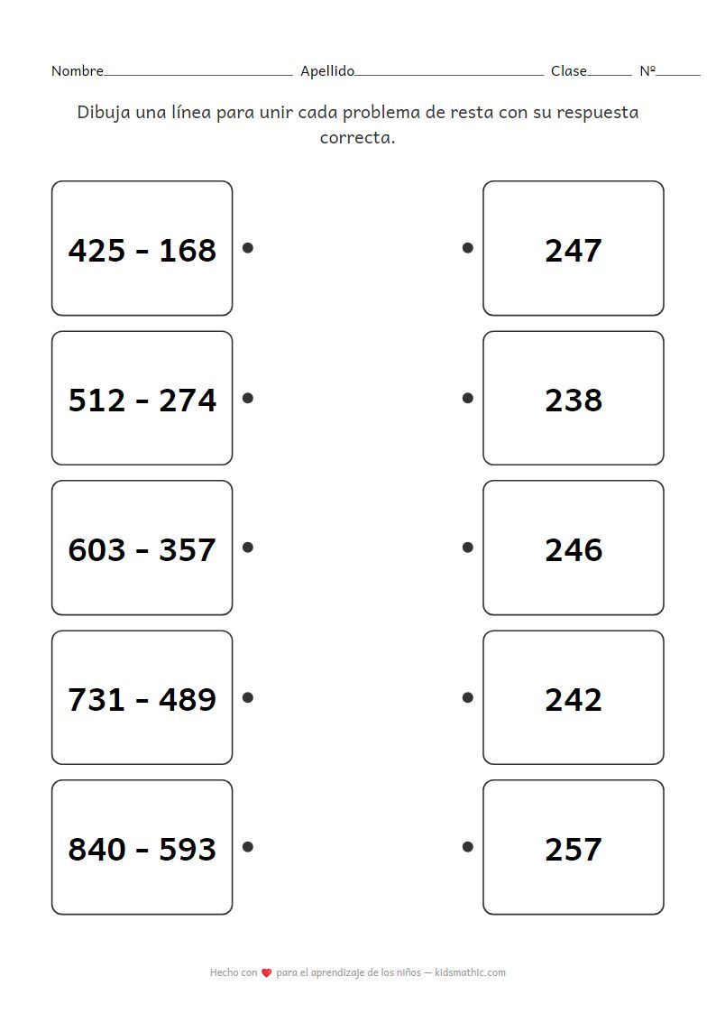 Hoja de Trabajo de Emparejamiento de Restas para Preescolar: 3 Dígitos con Préstamo