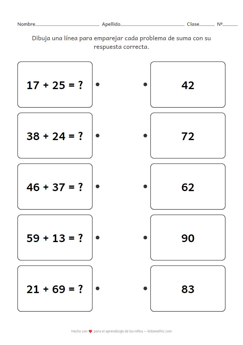 Hoja de Trabajo de Emparejar Sumas de Dos Dígitos para Grado 2