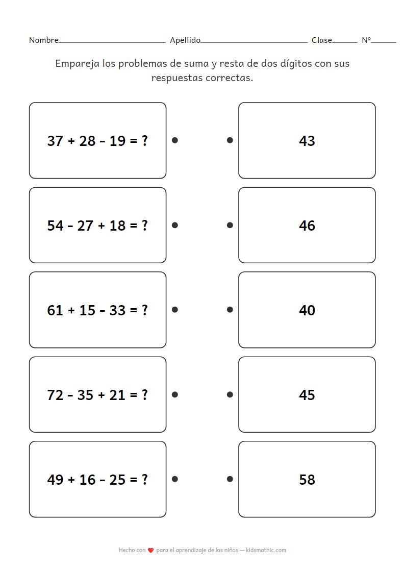 Hoja de Ejercicios de Emparejamiento de Operaciones Mixtas de Dos Dígitos para 2º Grado