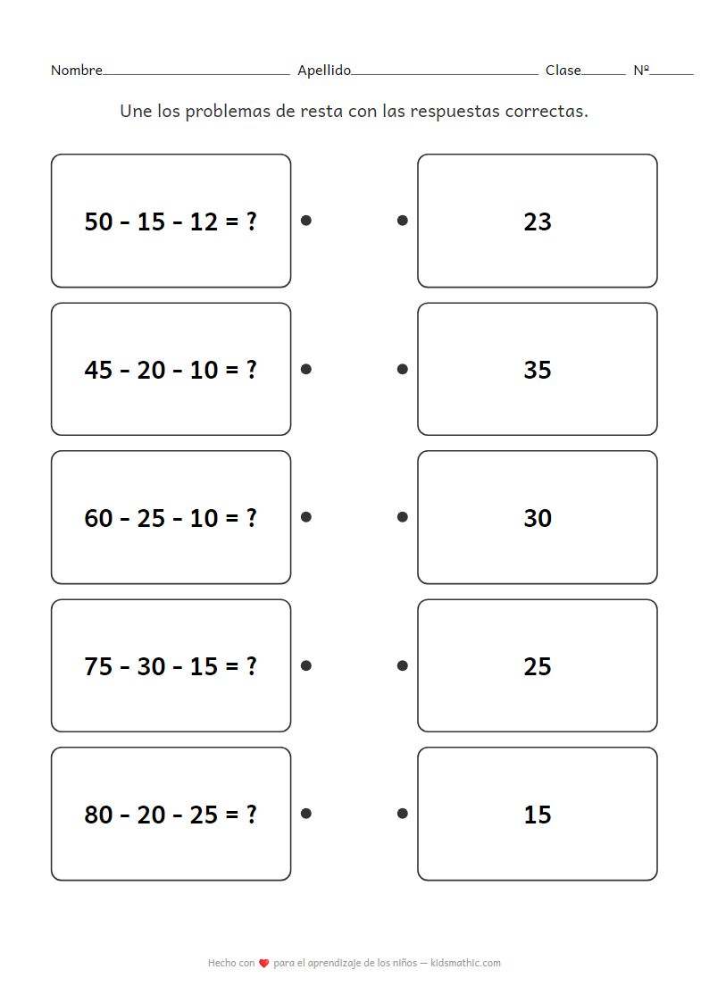Hoja de trabajo de emparejamiento de restas de dos dígitos para 2º grado