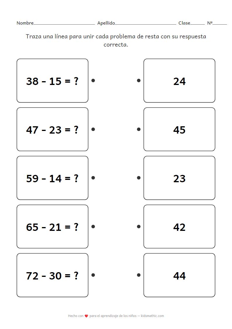 Hoja de trabajo de emparejamiento de restas de dos dígitos sin pedir prestado para 2º grado