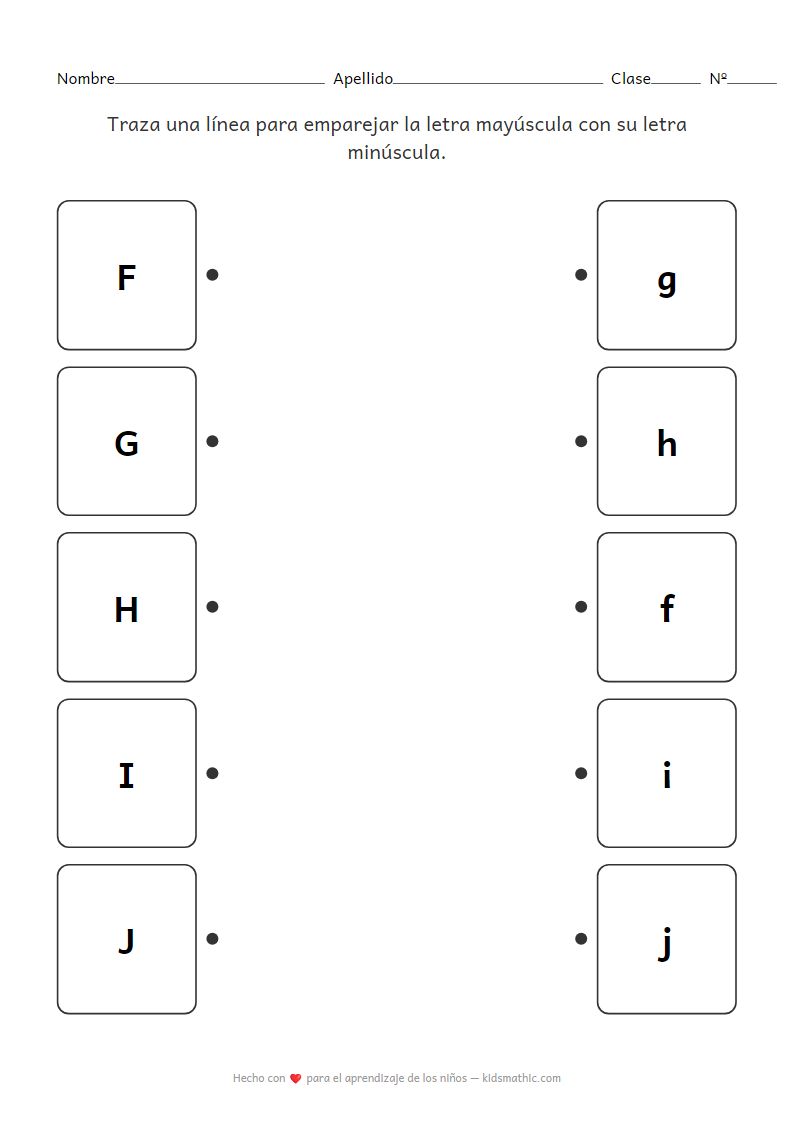 Hoja de trabajo para emparejar letras mayúsculas y minúsculas F-J para preescolares