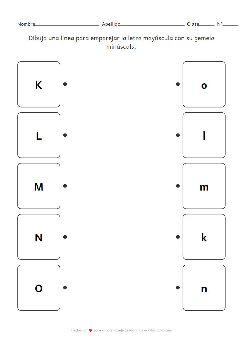 Hoja de Trabajo para Emparejar Letras Mayúsculas y Minúsculas K-O para Preescolar