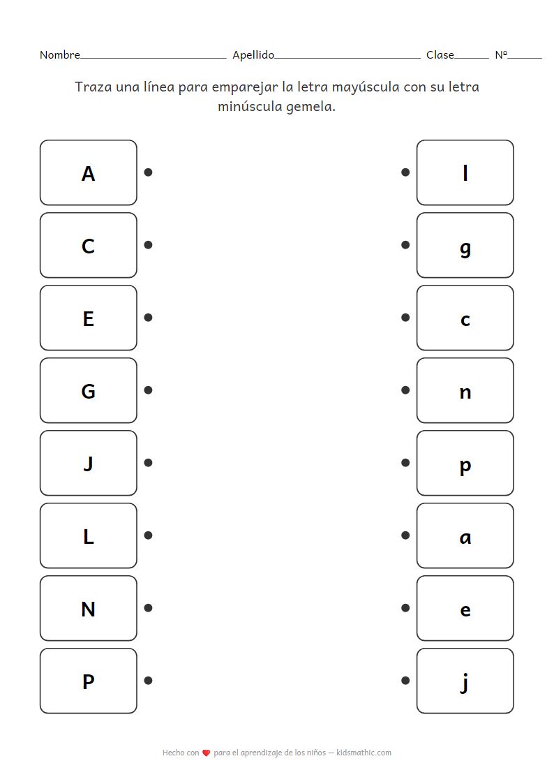 Hoja de trabajo para emparejar letras mayúsculas y minúsculas para preescolares