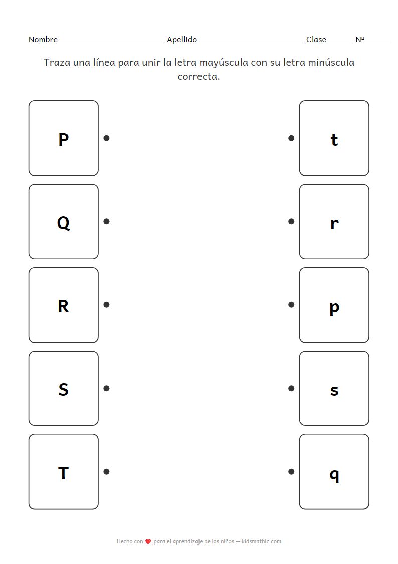 Ficha de trabajo para unir letras mayúsculas y minúsculas P-T para preescolar
