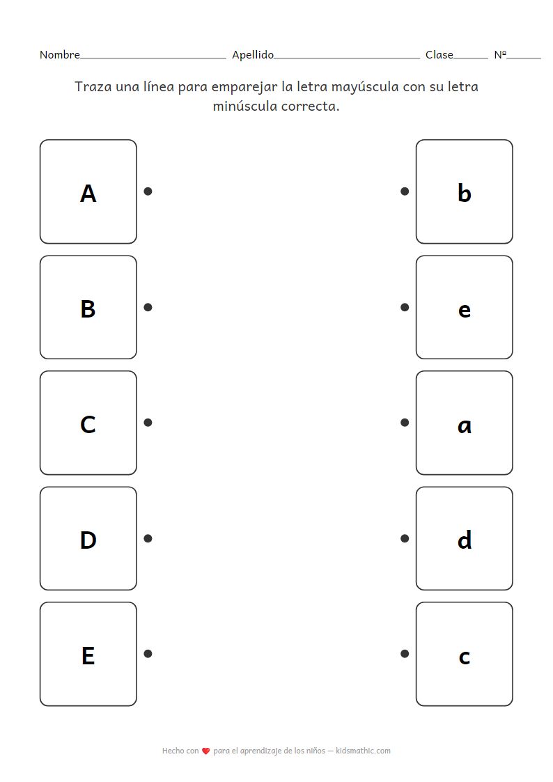 Ficha de trabajo de emparejamiento de letras mayúsculas y minúsculas A-E para preescolares