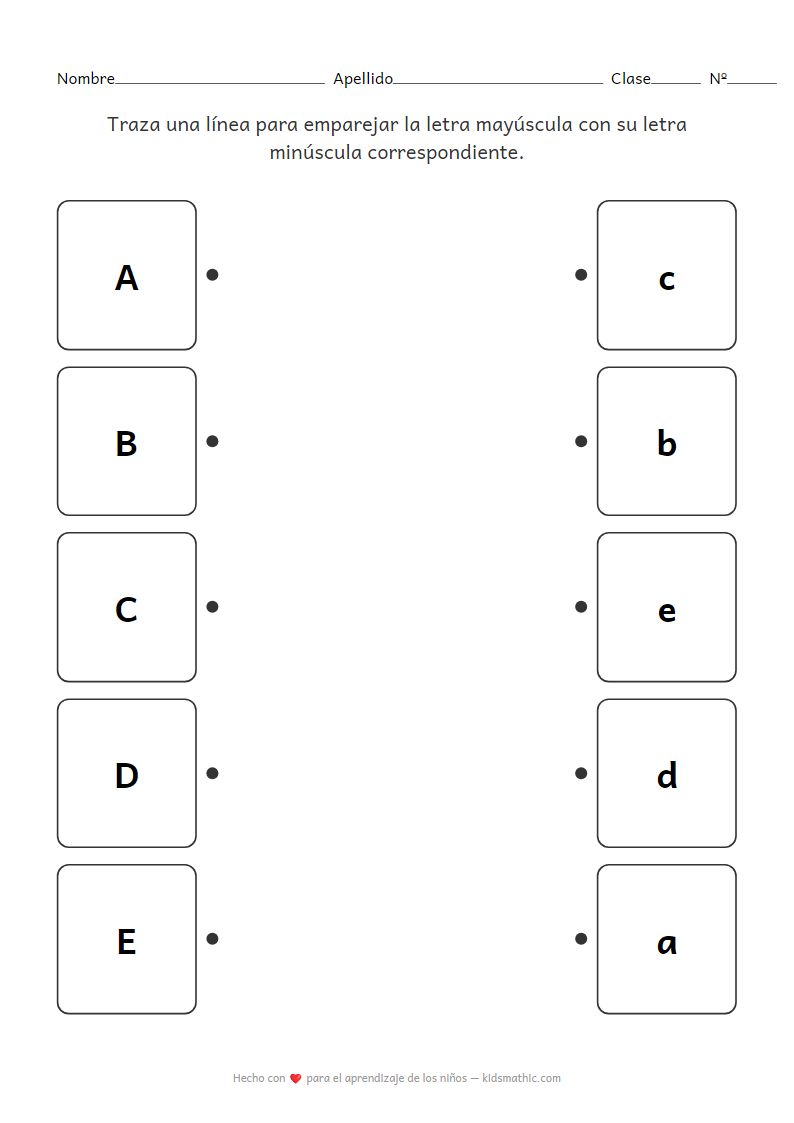 Ficha de trabajo de emparejamiento de letras mayúsculas y minúsculas A-E para preescolares