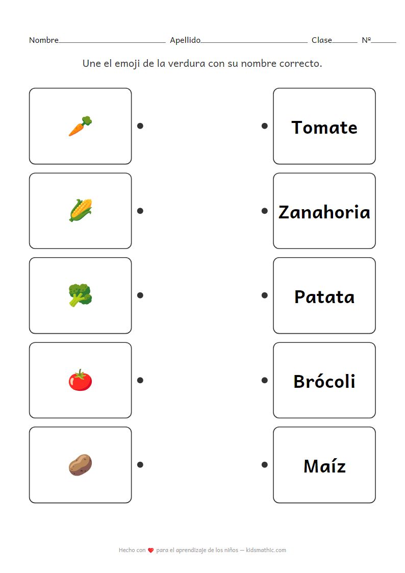 Ficha de Emparejamiento de Verduras: Emoji a Nombre para Preescolares