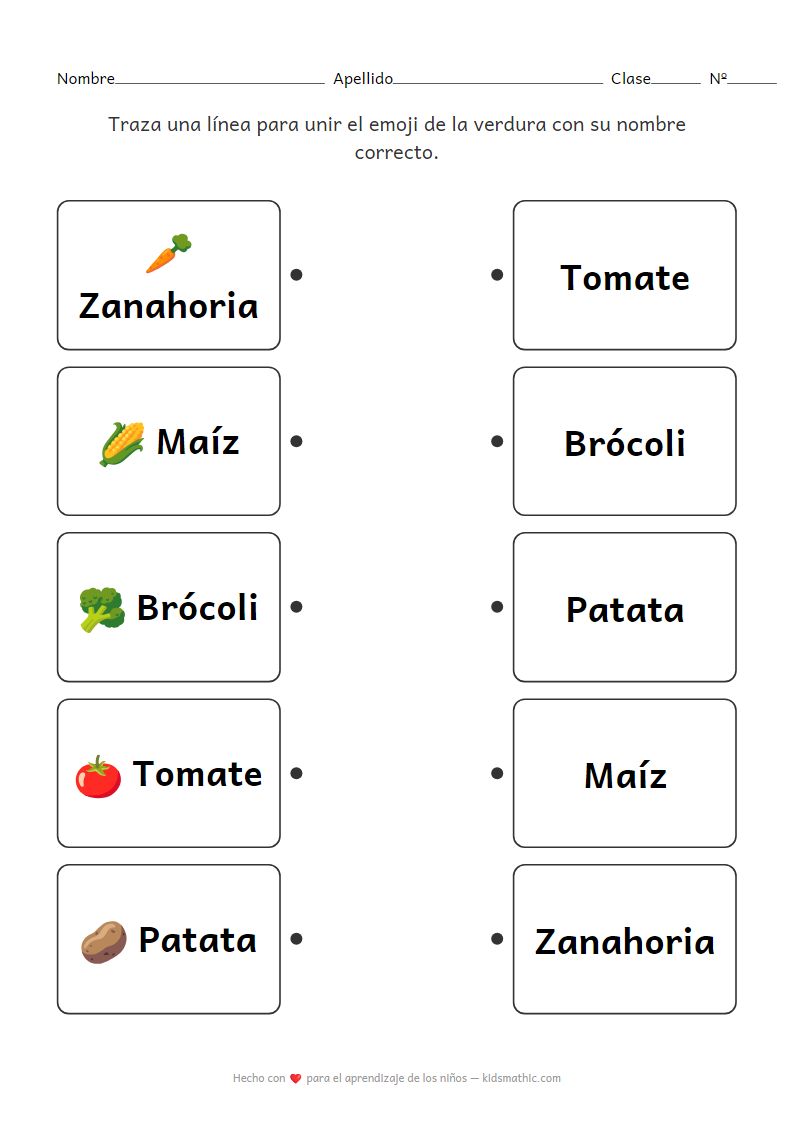 Hoja de trabajo para unir emoji de verduras con sus nombres para preescolares