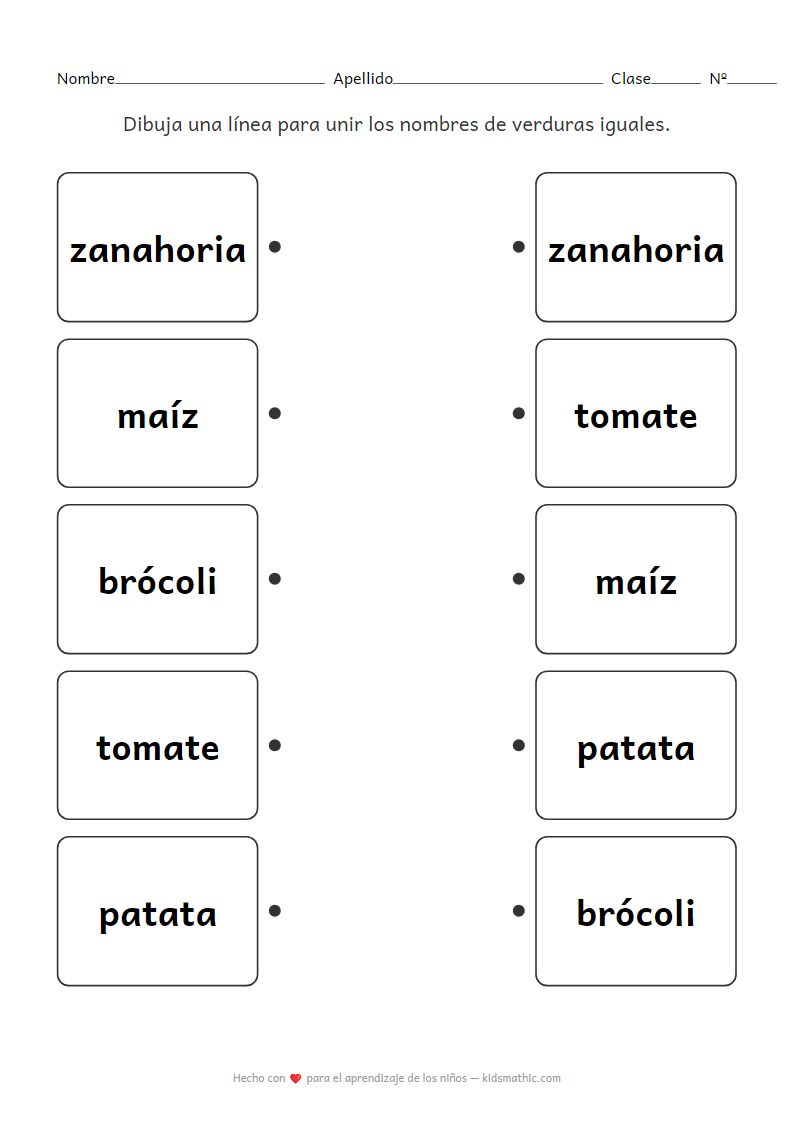 Hoja de trabajo de emparejar nombres de verduras para preescolares