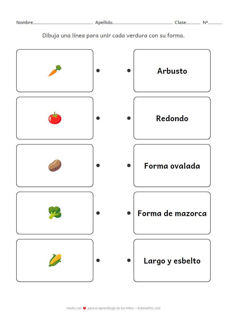 Hoja de Trabajo de Emparejar Verduras y Formas para Preescolares