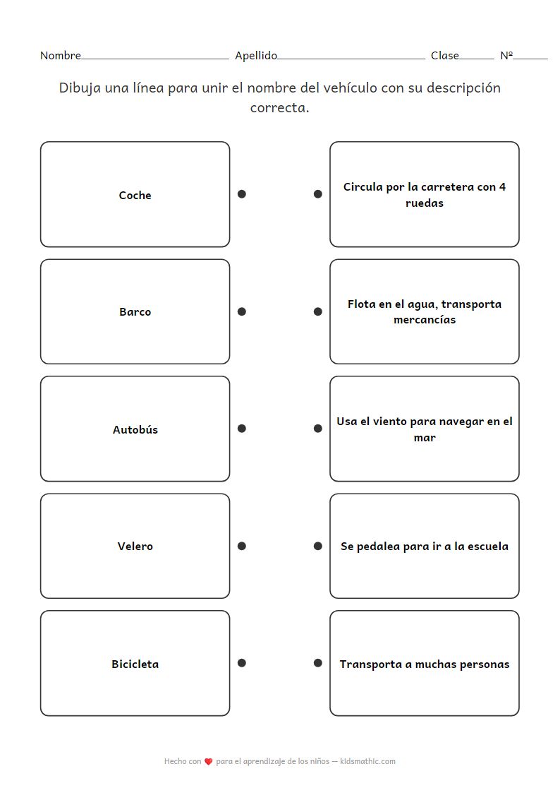 Hoja de trabajo para unir vehículos con sus características para preescolares