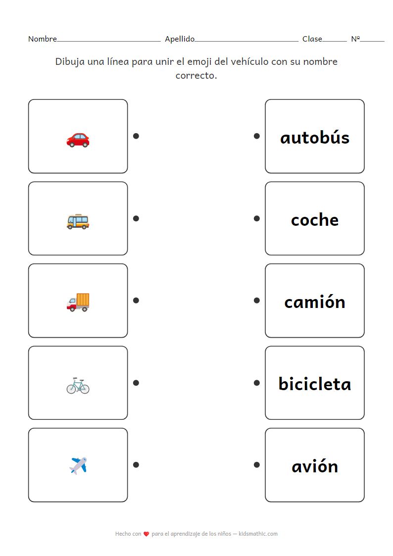 Hoja de Trabajo de Emparejar Emojis de Vehículos con Nombres para Preescolares