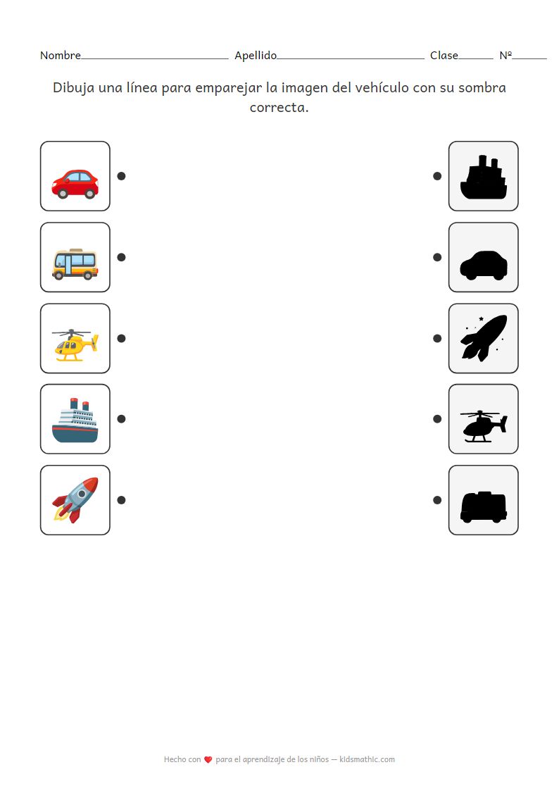 Hoja de Trabajo de Emparejamiento de Sombras de Vehículos para Preescolares