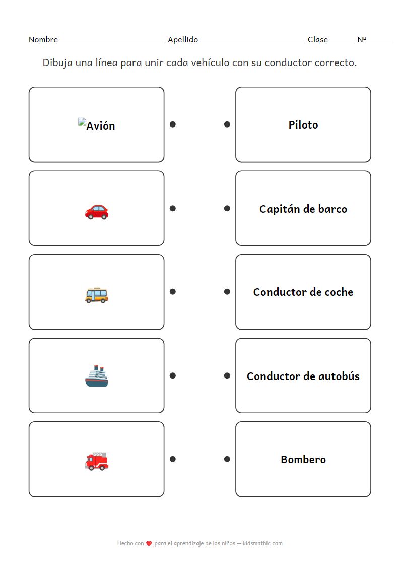 Hoja de Trabajo de Emparejamiento: Vehículos y Conductores para Preescolares