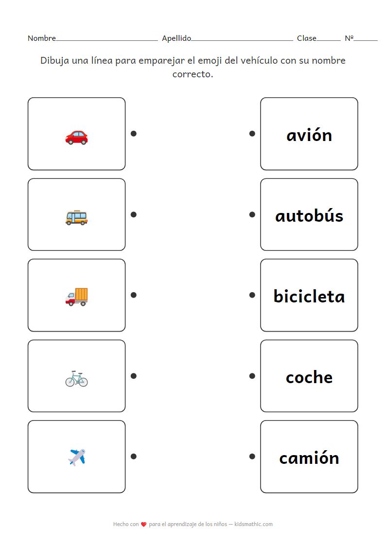 Ficha de emparejar emojis de vehículos con nombres para preescolares