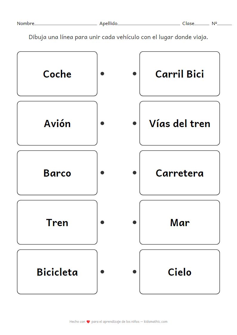 Ficha de unir vehículos con su lugar de uso para preescolares