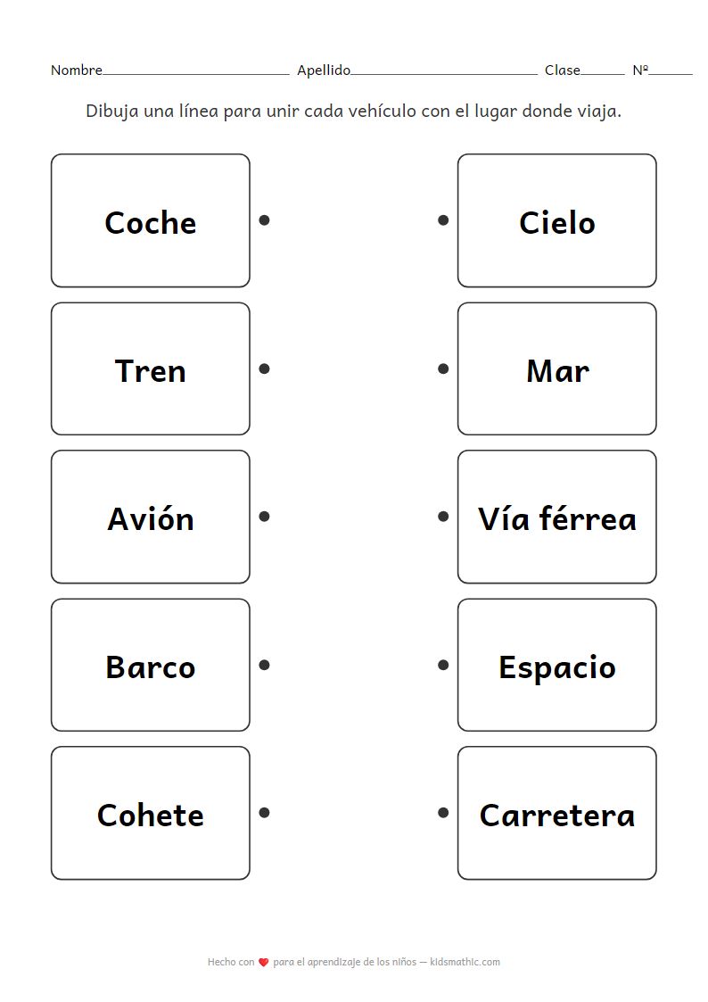 Hoja de Trabajo para Unir Vehículos y Lugares para Preescolares