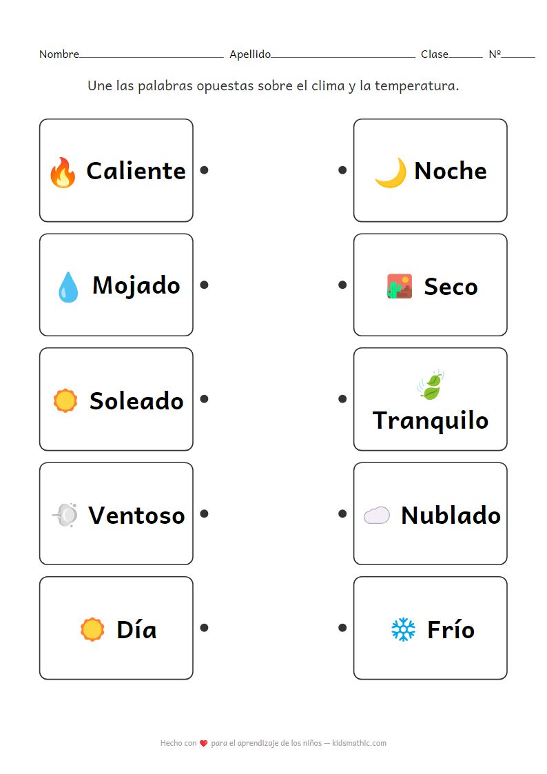 Hoja de trabajo de emparejamiento de opuestos de clima y temperatura para preescolares