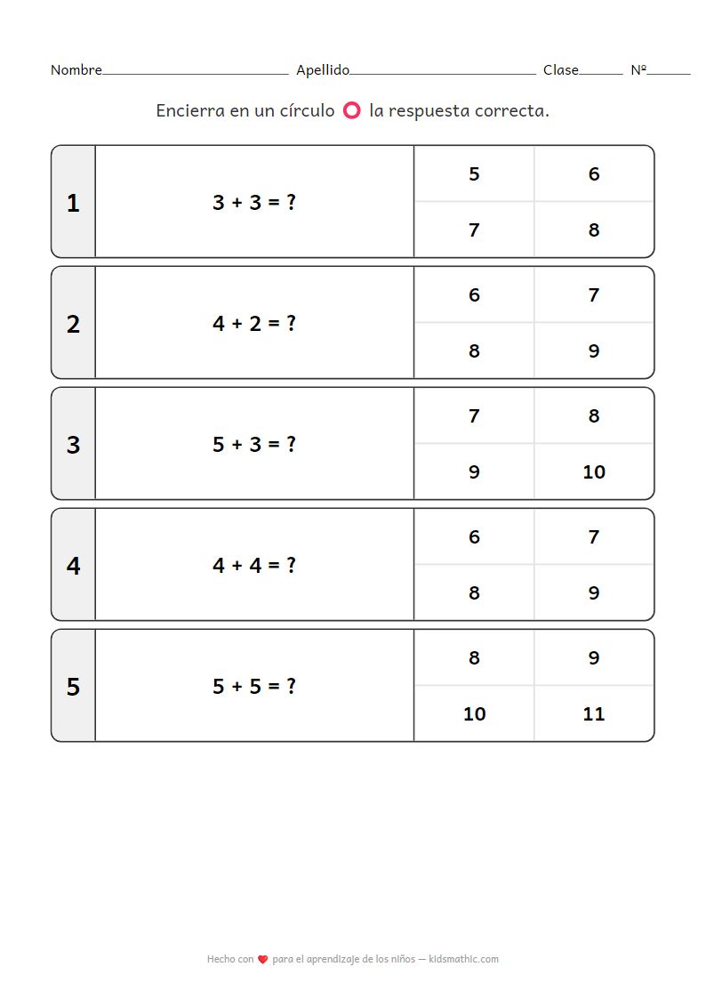 Hoja de Trabajo de Sumas Fáciles 6-10 para Preescolar
