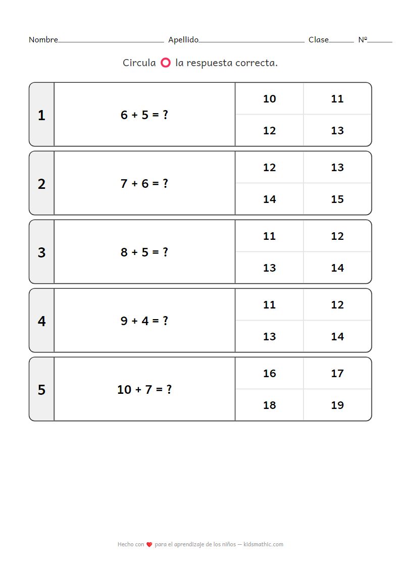 Hoja de trabajo de suma 11-20 para jardín de infantes
