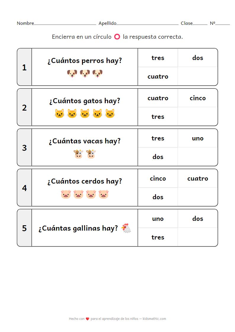 Hoja de trabajo de conteo de animales 1-5 para preescolares: Práctica de matemáticas tempranas
