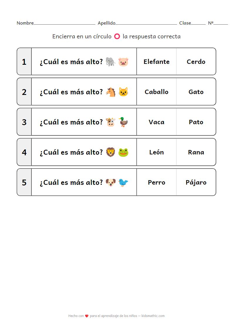 Hoja de Trabajo de Comparación de Alturas de Animales para Preescolares