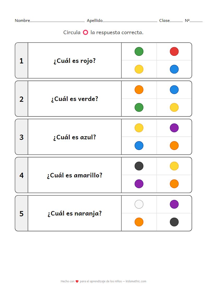 Hoja de trabajo de identificación de colores: Circula el color correcto para preescolares