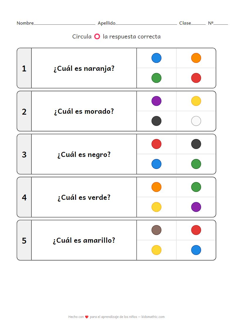 Hoja de trabajo de combinación de colores para preescolares