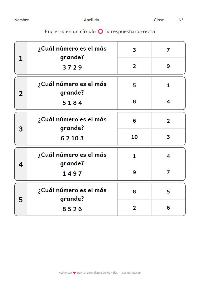 Hoja de Trabajo de Matemáticas Preescolar: Encuentra el Número Más Grande K2