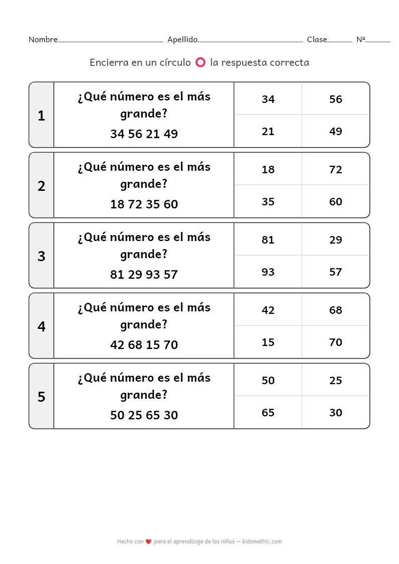Hoja de trabajo: Comparar números de 2 dígitos - Encuentra el más grande para preescolares