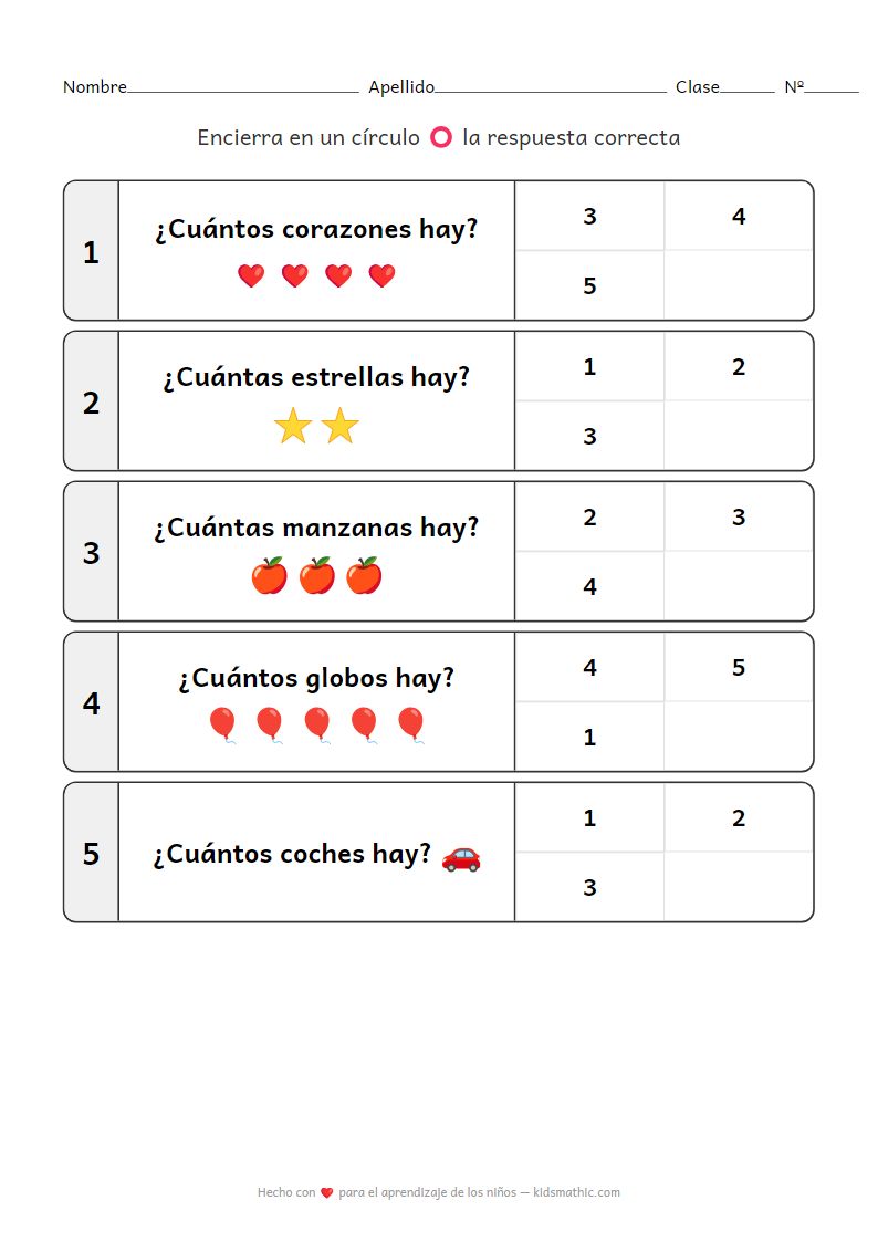 Hoja de trabajo de matemáticas: Contar emojis 1-5 para preescolares