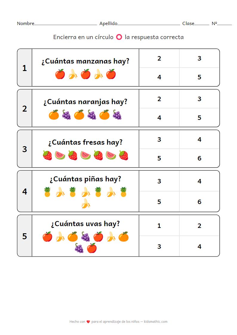 Hoja de trabajo de conteo de frutas mixtas para preescolares