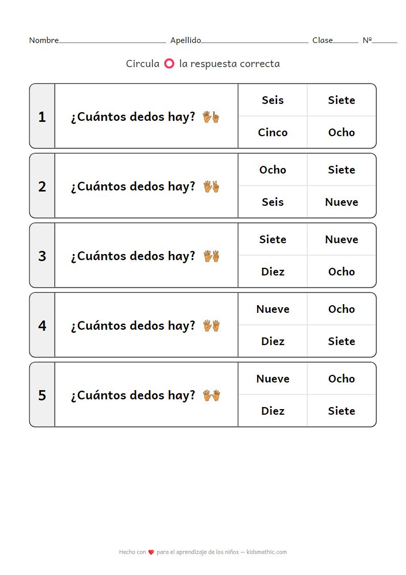 Hoja de trabajo de conteo de dedos 6-10 para preescolares