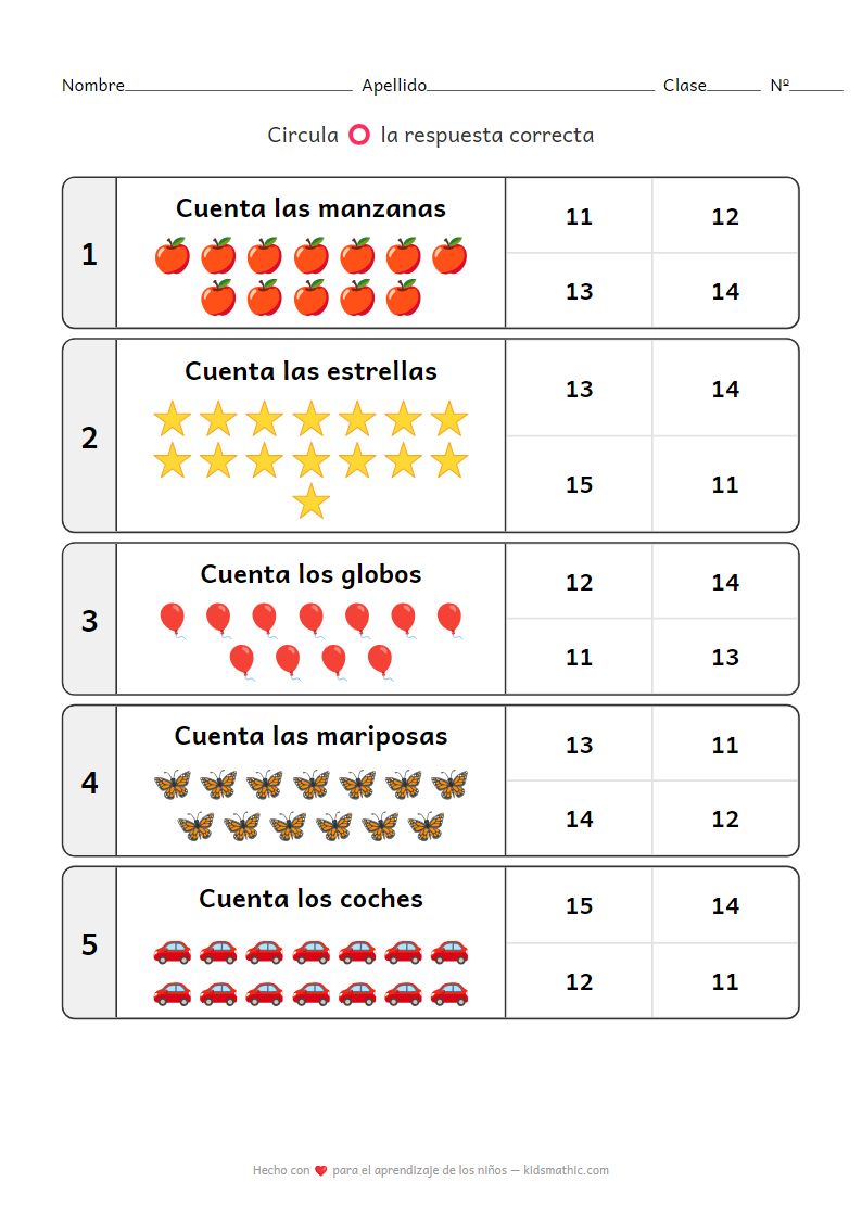Hoja de trabajo de conteo 11-15 para jardín de infancia