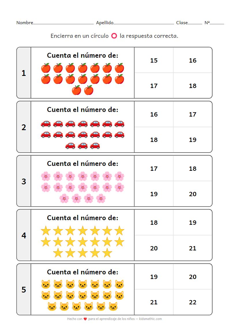 Ficha de Matemáticas Preescolar: Contar Números 16-20 para K3