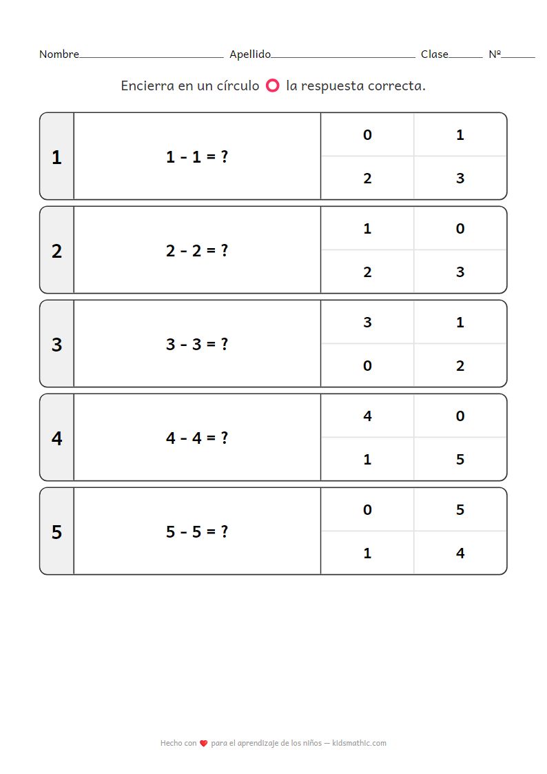 Hoja de trabajo de resta fácil: Resultado cero para preescolares