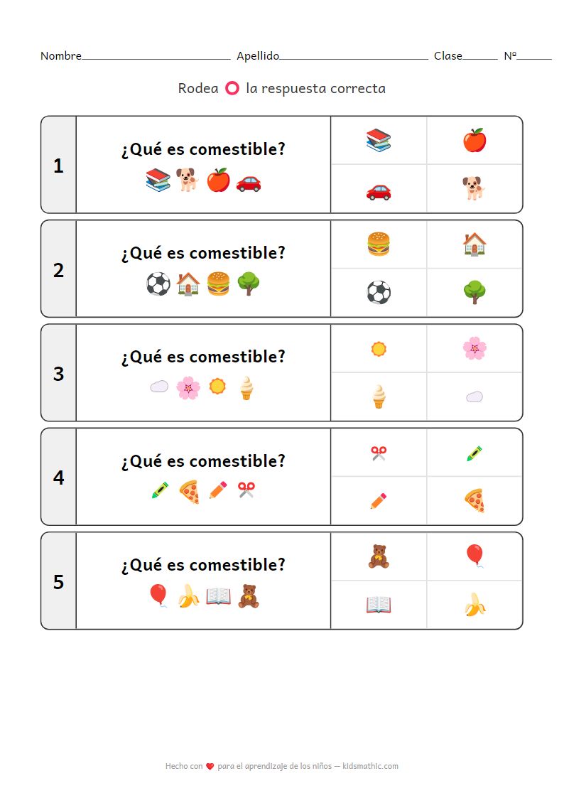 Ficha de trabajo para preescolares: Clasificar objetos comestibles