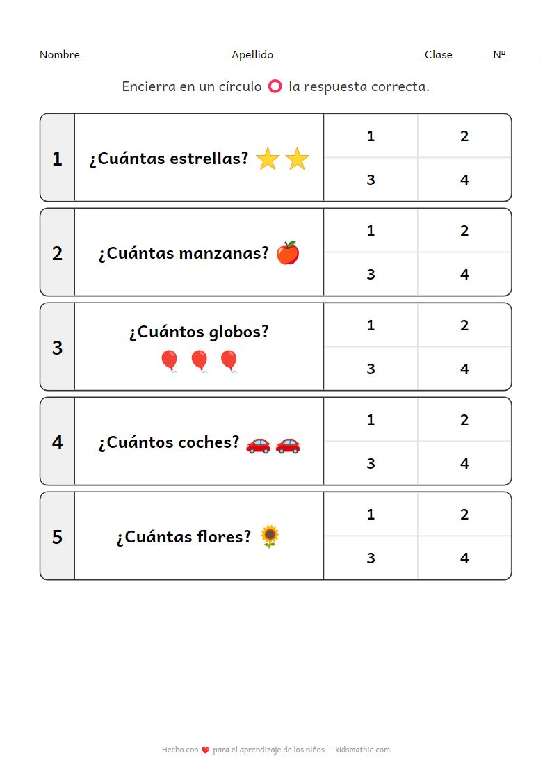 Hoja de trabajo sencilla de conteo de emojis para jardín de infancia