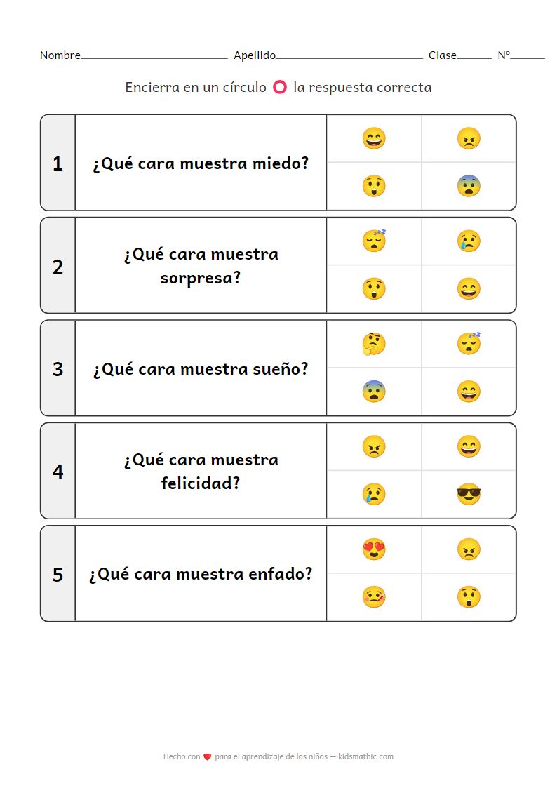 Hoja de trabajo de reconocimiento de emociones para preescolares
