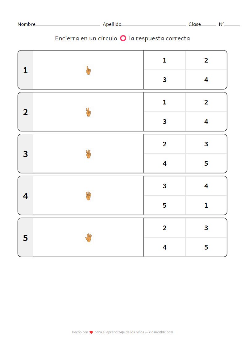 Hoja de trabajo de conteo de dedos 1-5 para preescolares