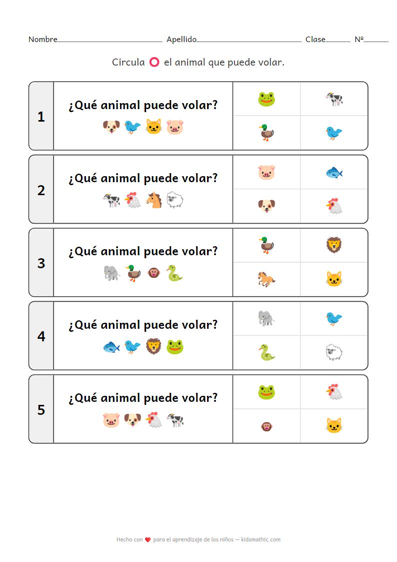 Ficha de animales voladores para preescolar