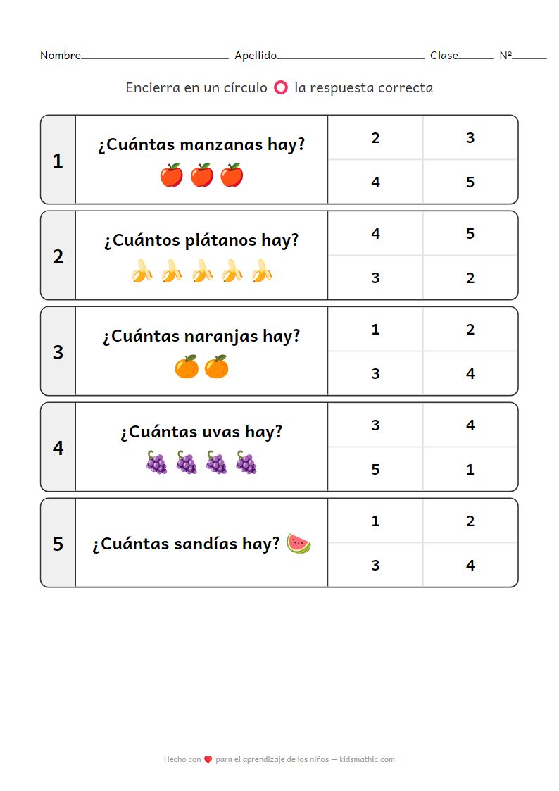 Hoja de trabajo de conteo de frutas 1-5 para preescolares
