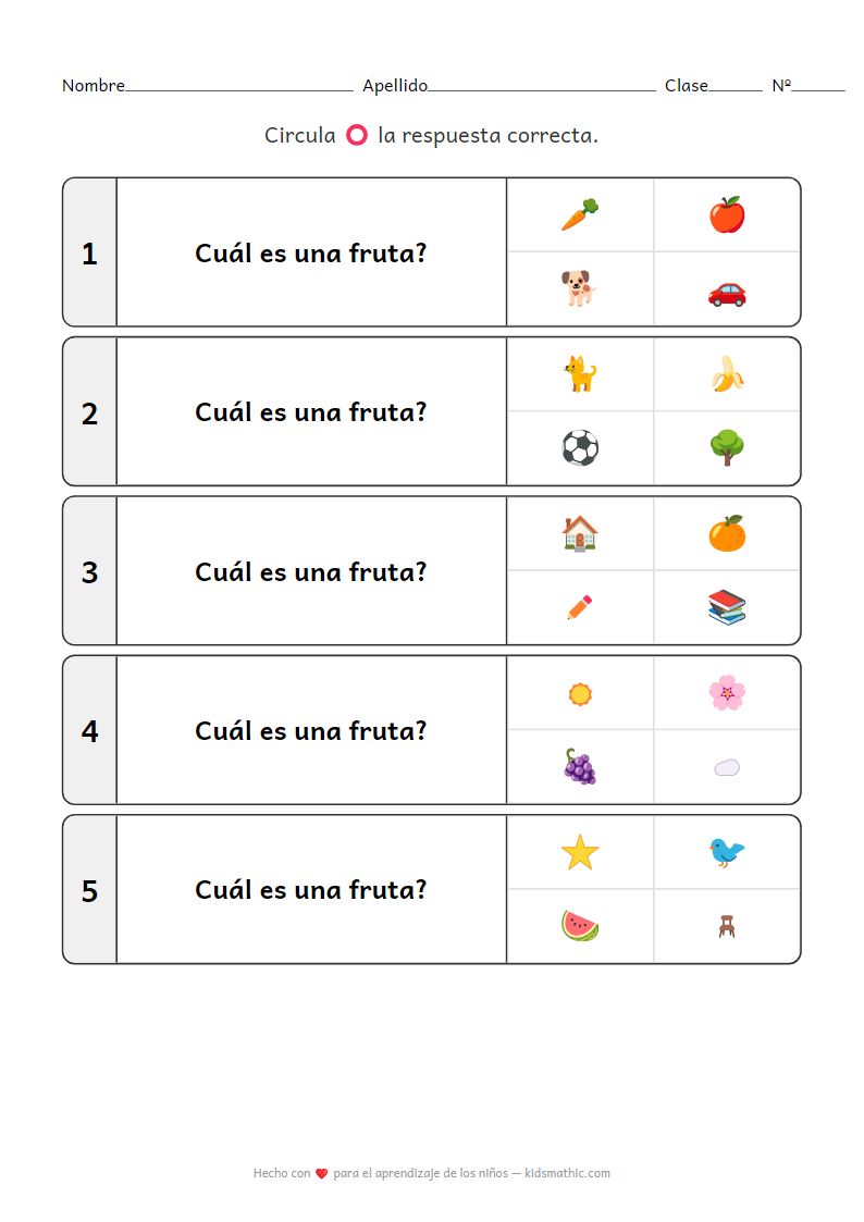 Hoja de trabajo de clasificación de frutas y objetos para preescolares
