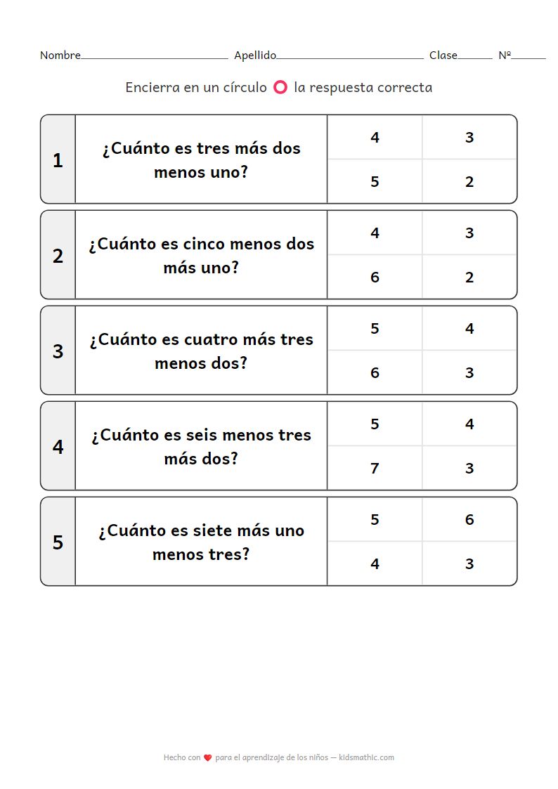 Hoja de trabajo de matemáticas para preescolar: Suma y resta hasta 10
