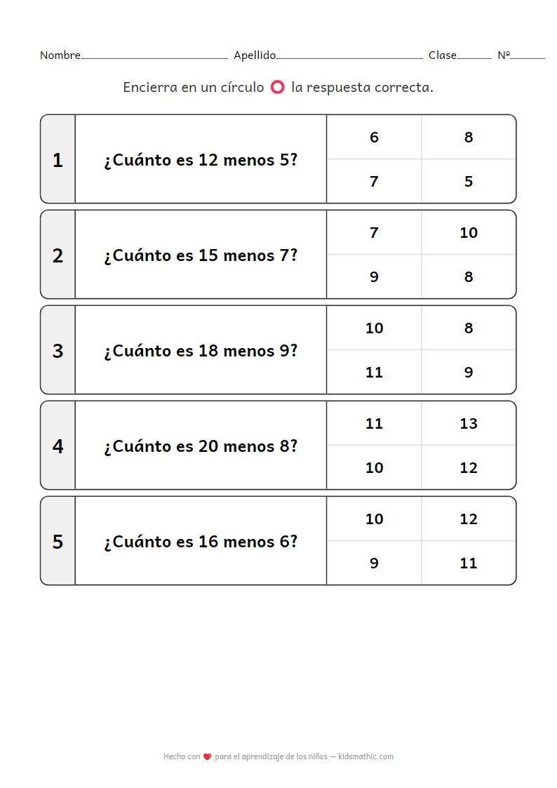 Hoja de resta para preescolar 3: Problemas 11-20
